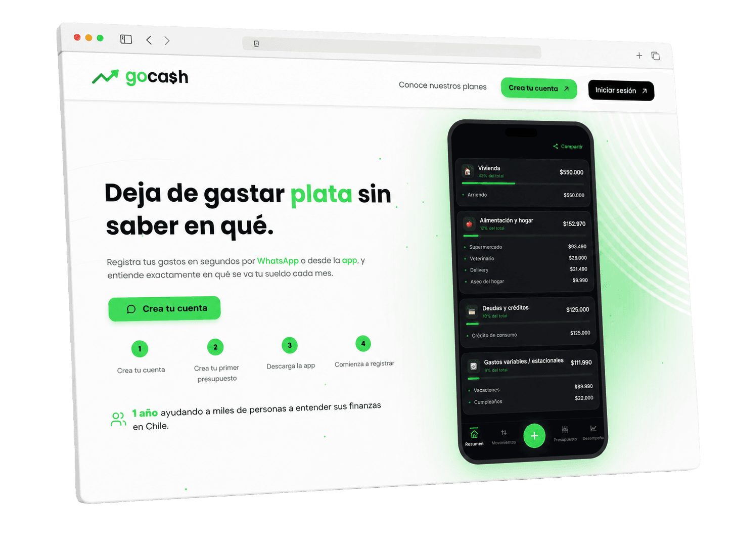 Sitio de Gocash en una ventana de navegador, con la app de control de gastos al lado